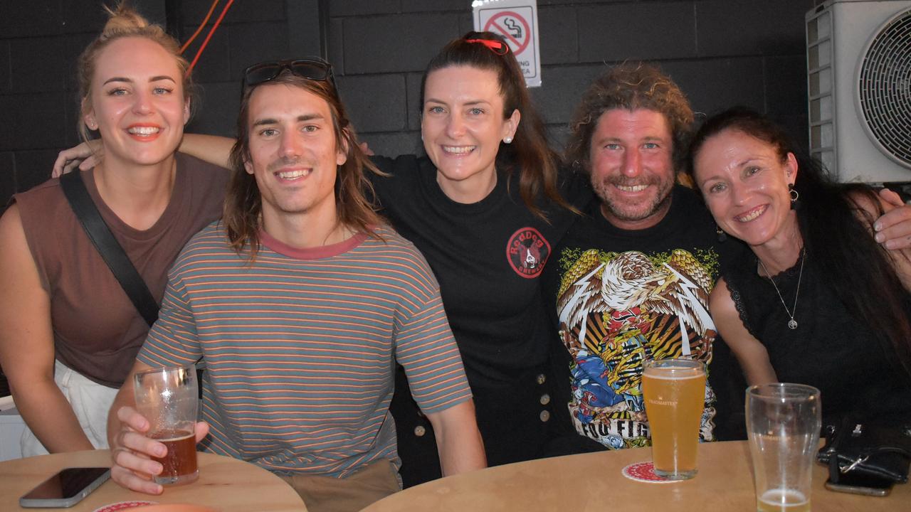 Justine Goddard, Nick Goddard, Michelle Woods with Shannon and Renee Soul at the Red Dog Brewery opening weekend, April 2, 2022. Red Dog Brewery is located within the Riverside precinct of the Mackay PDA. Picture: Lillian Watkins