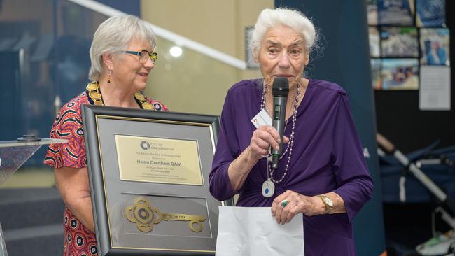 Onka Mayor Moira Were with Helen Oxenham, right, who has dedicated her life to supporting women in need experiencing family and domestic violence. Picture: Supplied