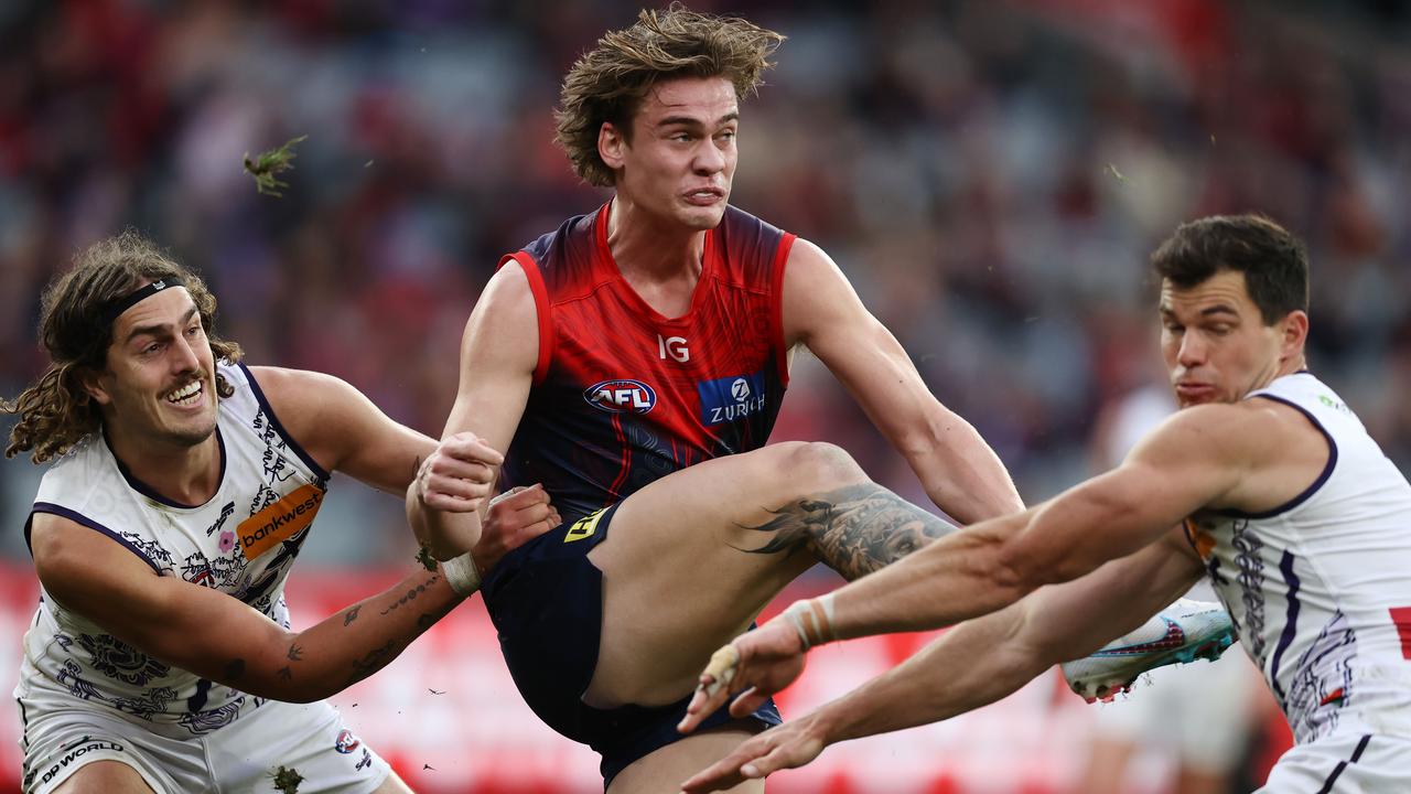 MELBOURNE, AUSTRALIA – MAY 27: AFL Round 11. Melbourne vs Fremantle at the MCG. Trent Rivers of the Demons clears by foot during the 3rd qtr. . Pic: Michael Klein