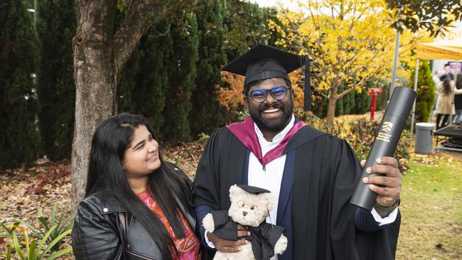 Master of Civil Engineering graduate Mihiran Ranawake with Ilma Imtiaz at a UniSQ graduation ceremony at The Empire, Tuesday, June 25, 2024. Picture: Kevin Farmer