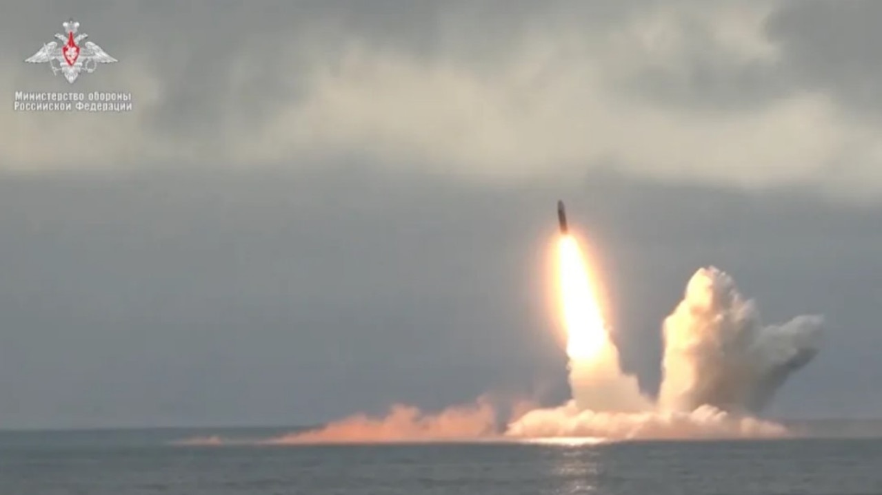The chilling moment the RSM-56 Bulava missile was launched from a hidden underwater submarine by Russia. Picture: East2West