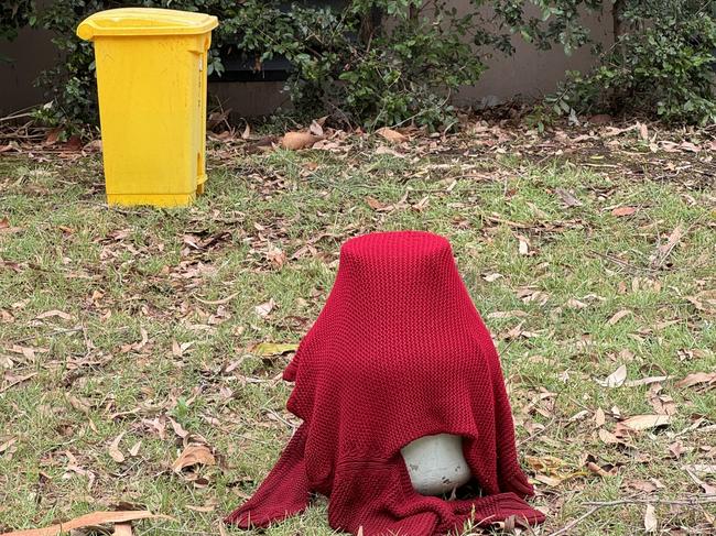 A gas bottle, covered with a red sweater, sits metres from a hazardous waste bin on a lawn at the apartment block. Picture: Canterbury-Bankstown Express