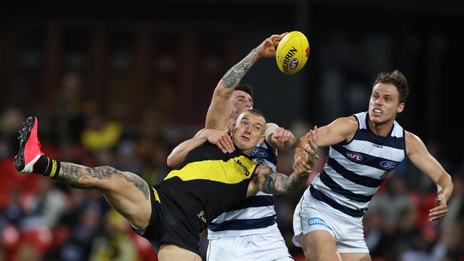 Dustin Martin takes a strong mark against the Cats on the Gold Coast. Both teams will look very different on Saturday. Picture: Michael Klein