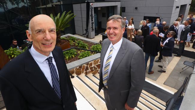 Pastoralist Philip Myer with Marcus Oldham College principal Dr Simon Livingstone outside the college’s new Douglas Boyd Centre, opened last year. The agribusiness college will expand its student accommodation, building 30 new rooms in the coming two years. Picture: Glenn Ferguson