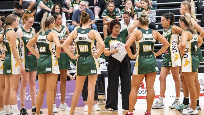 USQ Ipswich Jets head coach Tracey Jeanes-Fraser with her team preparing for this weekend’s Sapphire Series semi-final.