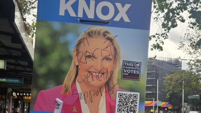Vandalised corflutes have been an unfortunate feature of this election. Wentworth Liberal candidate Ro Knox was one victim.