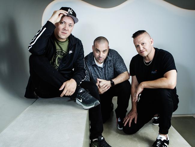 Adelaide hip-hip trio Hilltop Hoods: (L-R) Matt Lambert (MC Suffa), Baz Francis (DJ Debris) and Dan Smith (MC Pressure). Picture: Hollie Adams/The Australian