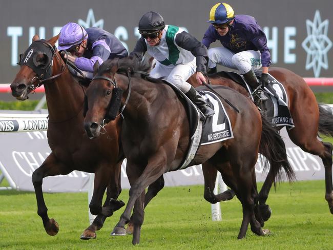 SYDNEY, AUSTRALIA - APRIL 01: Zac Purton riding Mr Brightside wins Race 8 The Star Doncaster Mile in "The Star Championships Day 1" during Sydney Racing at Royal Randwick Racecourse on April 01, 2023 in Sydney, Australia. (Photo by Jeremy Ng/Getty Images) (Photo by Jeremy Ng/Getty Images)