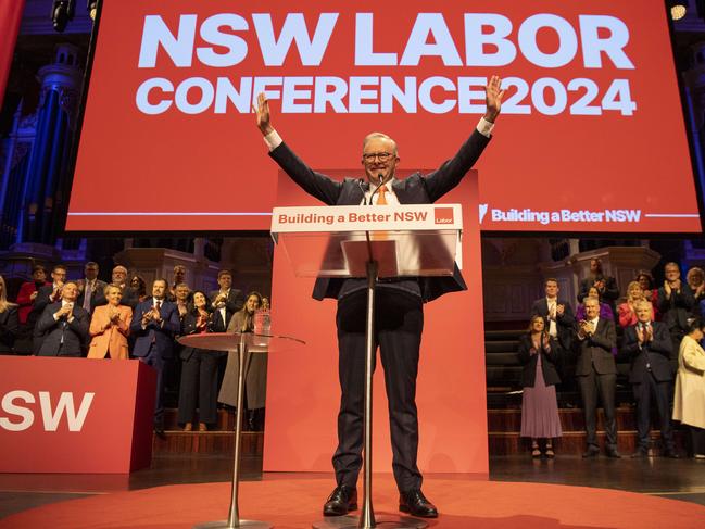 SYDNEY, AUSTRALIA - NewsWire Photos - JULY 27, 2024:  NSW Labor Conference held at Sydney Town Hall.Prime Minister Anthony Albanese addresses  the delegates.Picture: NewsWire / Simon Bullard.