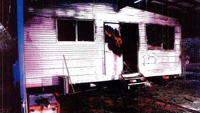 Low quality photos tendered to court show fire damage to the Bees Creek home where Alvesta Kelly had been living. Picture: Supplied.