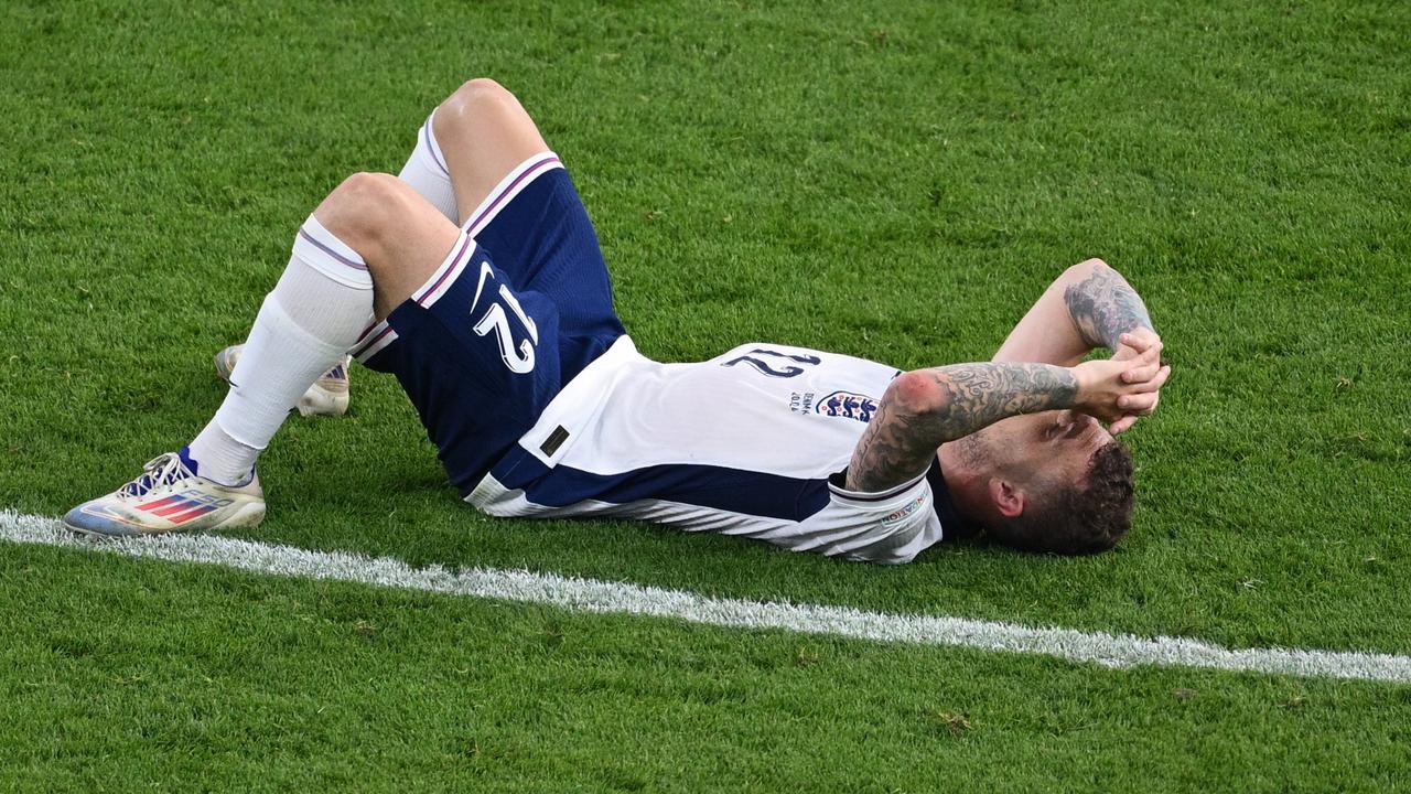 FRANKFURT AM MAIN, GERMANY – JUNE 20: Kieran Trippier of England shows dejection after a draw in the UEFA EURO 2024 group stage match between Denmark and England at Frankfurt Arena on June 20, 2024 in Frankfurt am Main, Germany. (Photo by Matthias Hangst/Getty Images)