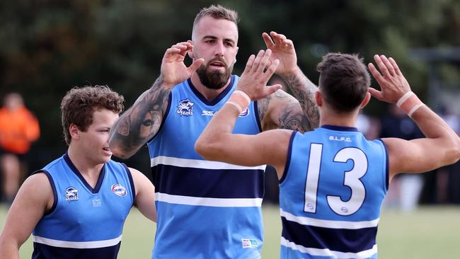 Point Cook Centrals celebrates one of his five goals with Daniel Strnak.Picture: George Sal