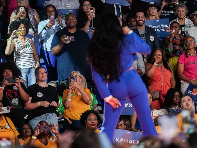 Rapper Megan Thee Stallion performs during a Harris campaign rally. Picture: Elijah Nouvelage/AFP