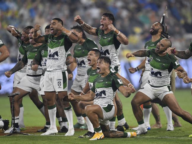 The Maori All Stars perform the Haka at Queensland Country Bank Stadium in 2021. The Maori will be seeking <i>utu </i>(revenge) after a 28-24 loss in Rotorua last year. (Photo by Ian Hitchcock/Getty Images)