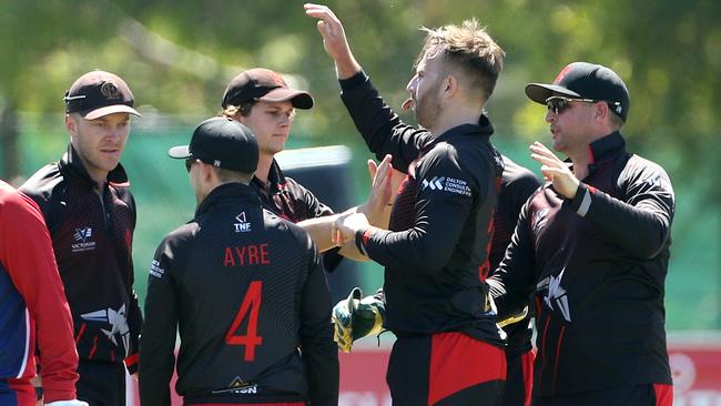 Matt Doric celebrates a wicket for Essendon. Picture: Hamish Blair