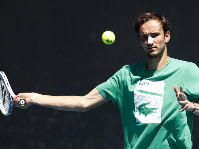 MELBOURNE, AUSTRALIA - FEBRUARY 18: Daniil Medvedev of Russia practices during day 11 of the 2021 Australian Open at Melbourne Park on February 18, 2021 in Melbourne, Australia. (Photo by Darrian Traynor/Getty Images)