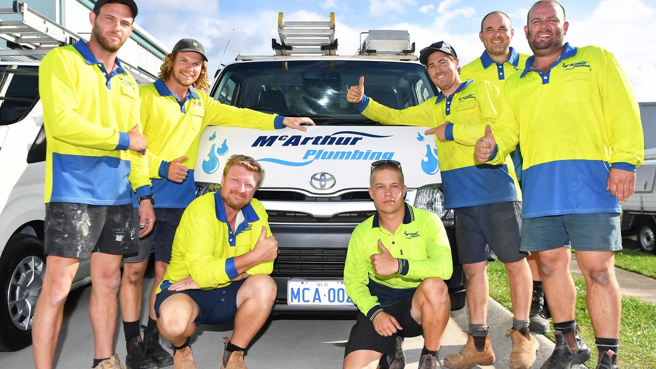 McArthur plumbing has been voted as the Sunshine Coast's best plumber. Pictured, Jayden Holt, Lockie Hennessy, Mat Elkington, Ben Scarlett, owner Ryan McArthur, Ben Watts and Cain McKean. Photo: Patrick Woods.