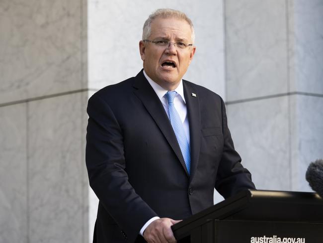 CANBERRA, AUSTRALIA - MAY 15: Australian Prime Minister Scott Morrison speaks during a press conference following a National Cabinet meeting on on May 15, 2020 in Canberra, Australia. Scott Morrison announced a $48 million commitment to the national mental health plan.  (Photo by Rohan Thomson/Getty Images)