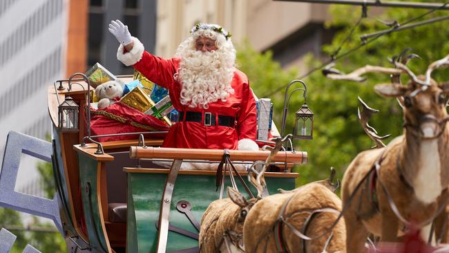 Santa Claus arrives at the 2019 National Pharmacies Christmas Pageant in Adelaide. Picture: MATT LOXTON