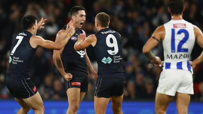 Jacob Weitering celebrates a rare goal on Saturday night. Picture: Daniel Pockett/Getty Images