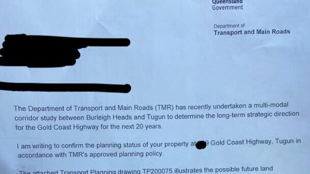 A letter sent by the Department of Transport and Main Roads to residents on the Gold Coast Highway at Tugun. Picture: Karen Rowles/Facebook