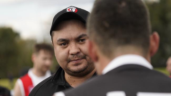 Southern league Division 1 football elimination final: Dingley v St Kilda City. St KIlda City coach addressing players.  Picture: Valeriu Campan