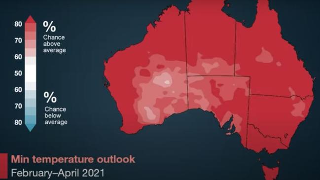 Overnight temperatures are likely to be above average across nearly all of Australia. Picture: Bureau of Meteorology