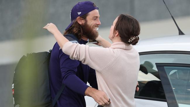 Freo’s Travis Colyer farewells his partner. Picture: Getty Images