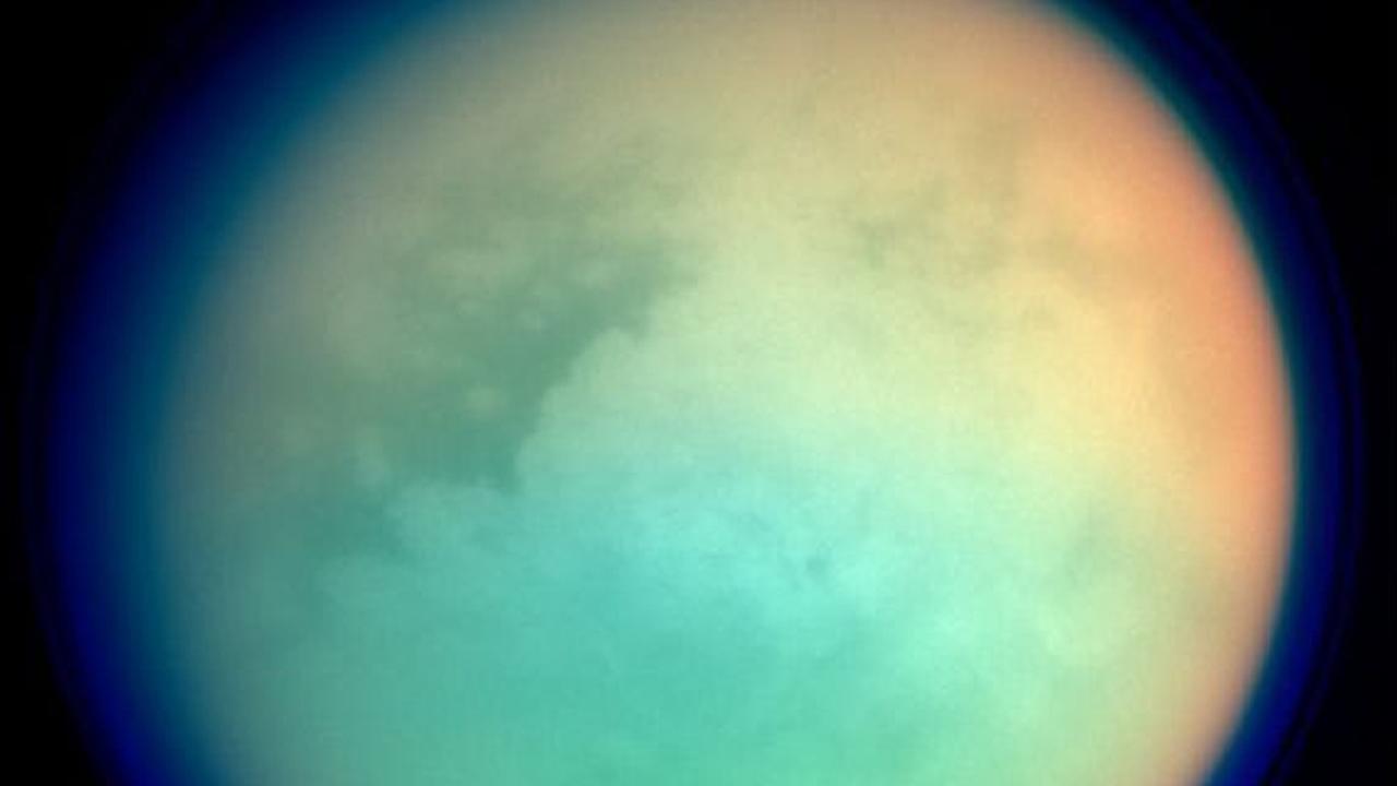 The Cassini spacecraft recorded this image of Titan, which is normally hidden by a thick, hazy atmosphere. The bright, continent-sized feature known as Xanadu is near picture centre, bordered at the left by contrasting dark terrain. Picture: NASA