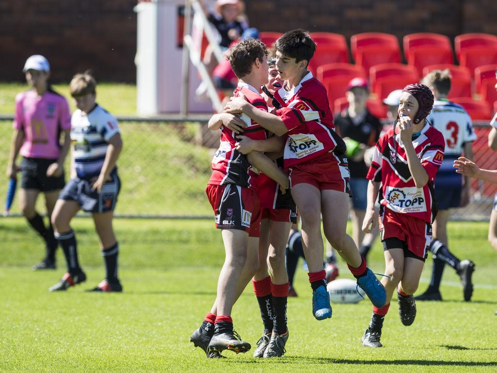 Valleys celebrate a try by Jack Wiliams (left) against Brothers in under-13 boys Toowoomba Junior Rugby League grand final at Clive Berghofer Stadium, Saturday, September 11, 2021. Picture: Kevin Farmer