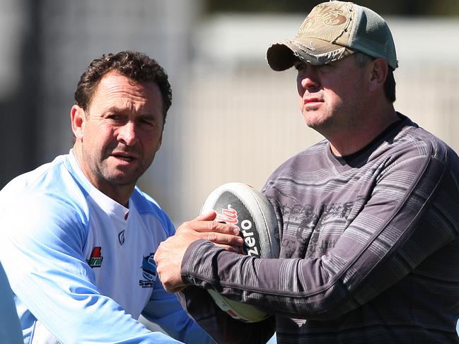 Coach Ricky Stuart (L) with friend and former player Dean Pay, who he called upon for assistance this week, during Cronulla Sharks NRL training session at Toyota Park, Cronulla in Sydney. Picture: Phil Hillyard