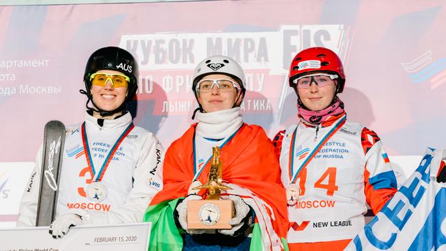 Aerial skier Laura Peel, left, has finished with a silver in the Moscow World Cup.