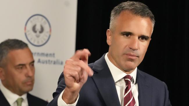 Premier Peter Malinauskas announces the Whyalla steelworks administration, watched by Energy and Mining Minister Tom Koutsantonis. Picture: Dean Martin