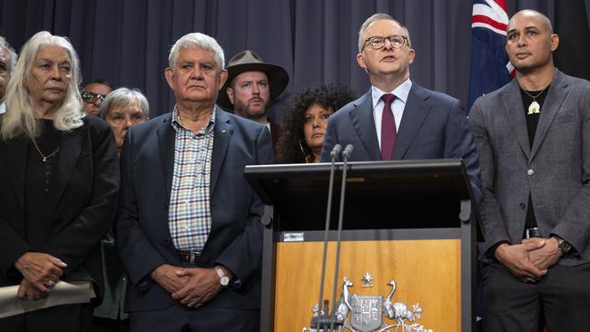 Ken Wyatt, second left, with Anthony Albanese announcing the referendum wording. Picture: NCA NewsWire / Martin Ollman