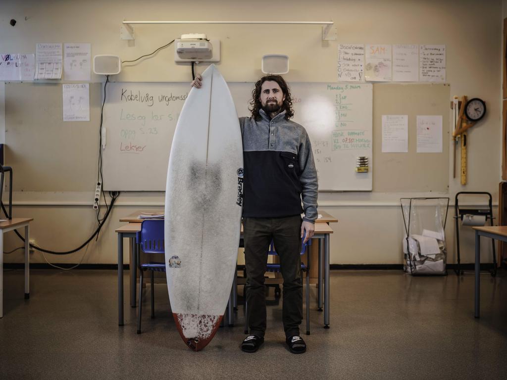 Joacim Nyhaugen, 30, a teacher, poses in his classroom, on March 7, 2018, in Kabelvag, northern Norway, Lofoten islands, within Arctic Circle. Joacim Nyhaugen, 30, teacher in Kabelvag “Surfing is how I live my life. I decided to move here to be around waves and the mountains and have the opportunity to do it everyday when I’m not working. The special thing about Lofoten is you can also ski and snowboard, and surf on the same day, how beautiful is that. There aren’t that many people in the lineup in the water, compared to warm places. The best surfing here is around October, and November, when the water is slightly warmer and there are a lot of storms out in the ocean, which bring a lot of waves up here. It starts to get dark so we get beautiful, long sunsets and we can surf until 11 in the evening. I’ve surfed in Portugal, south of France, Morocco, Bali, Sri Lanka., but after a while I always end up getting homesick. At the end of summer the sun doesnt set. we can surf 24 hours a day, that’s a very special feeling, going out around midnight and when you’re done at three there is still light outside.” Picture: AFP