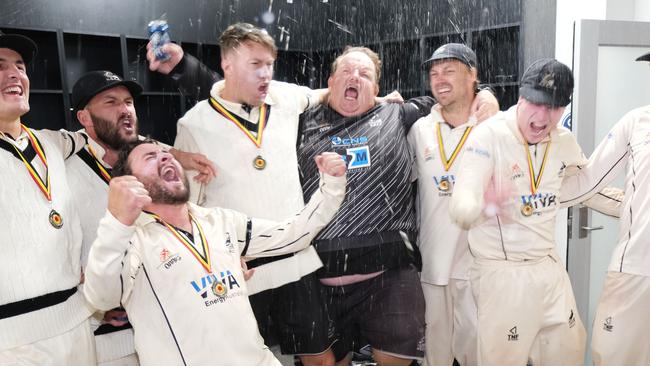 Celebrations again for North Geelong after claiming the GCA1 premiership. Picture: Mark Wilson