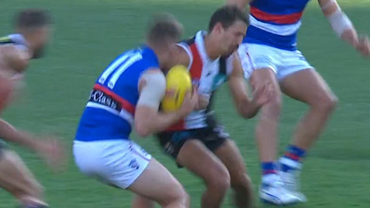 St Kilda’s Ben Long failed in his AFL Tribunal challenge after this bump on the Western Bulldogs’ Jack Macrae.