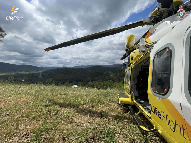 A young girl suffered life-threatening injuries after the car she was in fell 50m down a steep embankment in the Sunshine Coast hinterland. Photo: LifeFlight.