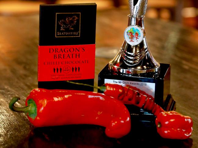 A trophy will be awarded to the winner of the upcoming chilli choc eating competition during the Sydney Chilli Festival  Albion in the Hotel, Parramatta. Parramatta, Monday, September 3rd 2018. Upcoming chilli choc eating competition at the Sydney Chilli Festival - it's raising money for drought relief. (AAP Image / Angelo Velardo)