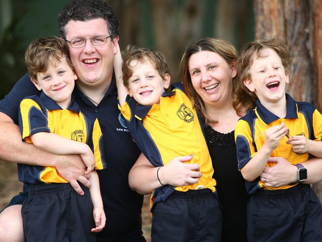 Identical triplets Leon, Grayson and Tiernan McGregor pictured with dad Iain and Mum Laurelea from Glenning Valley. Pic: AAP Image/Sue Graham