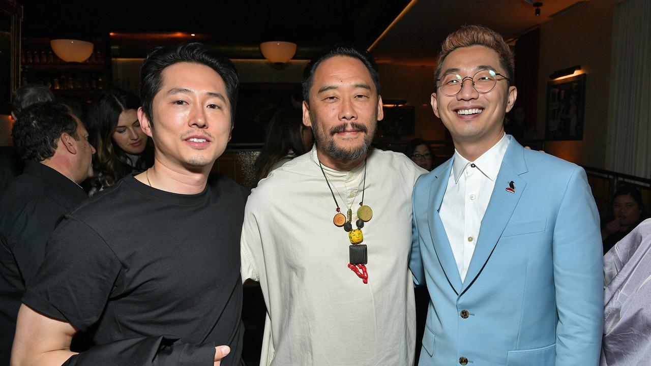 Actors Steven Yeun, David Choe and writer Lee Sung Jin at the premiere for Beef. Picture: Charley Gallay/Getty Images for Netflix