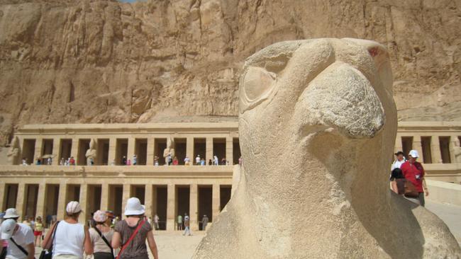 Outside Queen Hapshetsut's temple, which backs onto the Valley of the Kings in Luxor, Egypt. Picture: Melissa Matheson