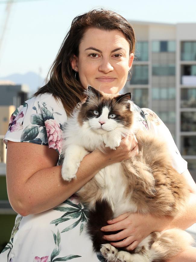 Tracey Pankhurst, 31, lives in an inner-city unit with Eli the Ragdoll cat in Fortitude Valley. Picture: Liam Kidston.