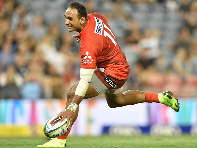 Semisi Masirewa scores for the Sunwolves on Friday night. Picture: AFP 