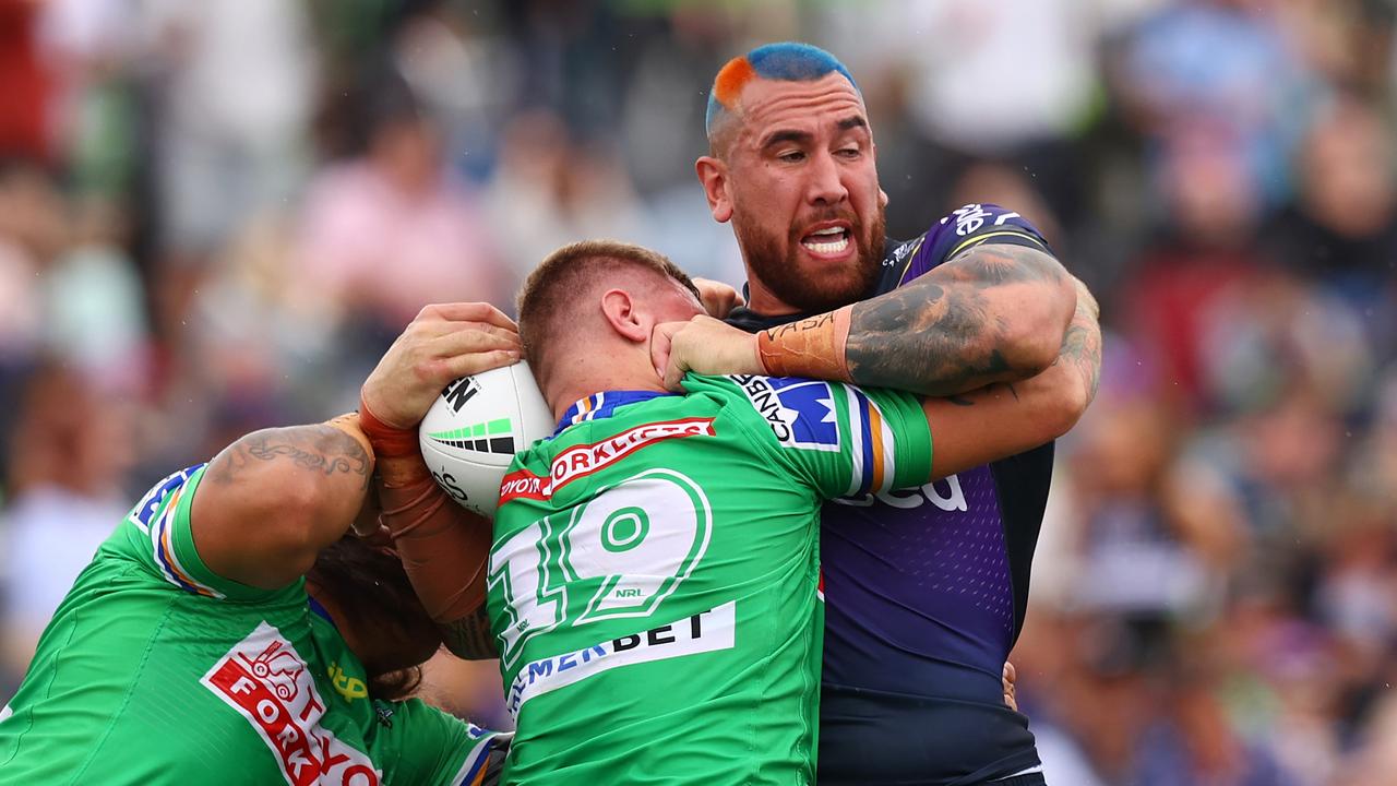 Storm giant Nelson Asofa-Solomona’s colourful hair was a tribute to a special fan. Picture: Mark Nolan/Getty Images