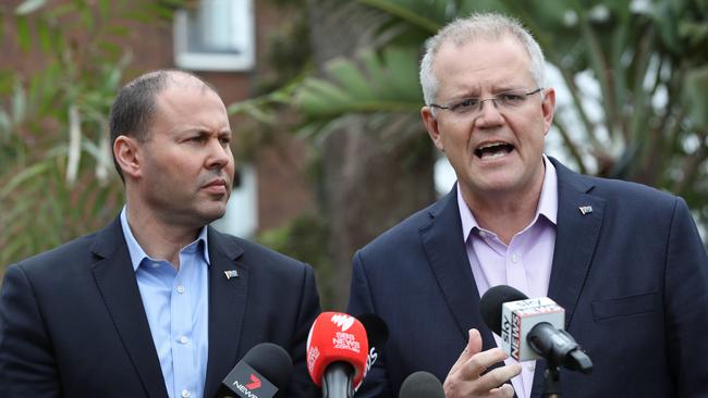 Prime Minister Scott Morrison and Treasurer Josh Freydenberg at Kirribilli House yesterday. Picture: David Swift