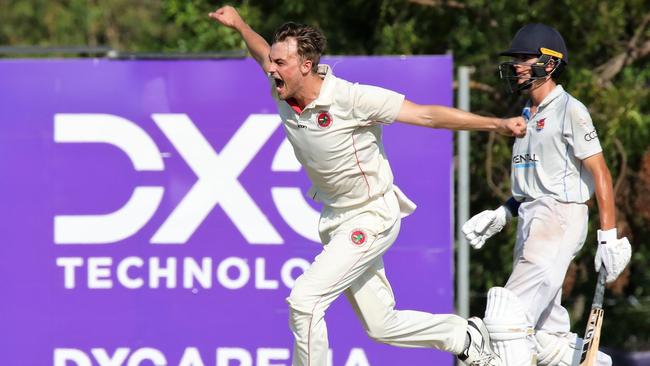 Xavier Crone celebrates a wicket in the Darwin Premier cricket 2022 grand final. Picture: Roz Lavercombe.