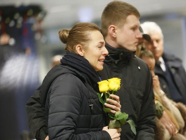 People at a memorial at Borispil international airport in Kyiv, Ukraine, for the flight crew members of the Ukrainian 737-800 plane that crashed on the outskirts of Tehran. Picture: AP P