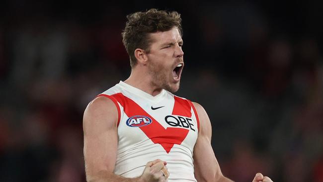 MELBOURNE, AUSTRALIA - AUGUST 16: Luke Parker of the Swans celebrates kicking a goal during the round 23 AFL match between Essendon Bombers and Sydney Swans at Marvel Stadium, on August 16, 2024, in Melbourne, Australia. (Photo by Daniel Pockett/Getty Images)