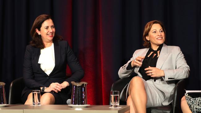 Queensland Treasurer Jackie Trad and Premier Annastacia Palaszczuk speaking at the CEDA lunch at the Brisbane Convention and Exhibition Centre. Picture: Annette Dew.